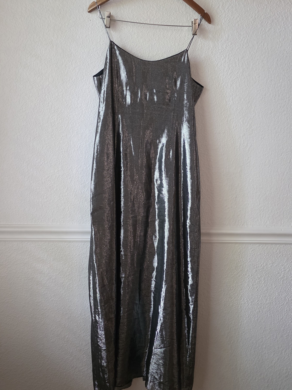 Rickie Freeman for Teri Jon Silver Metallic Slip Maxi Dress